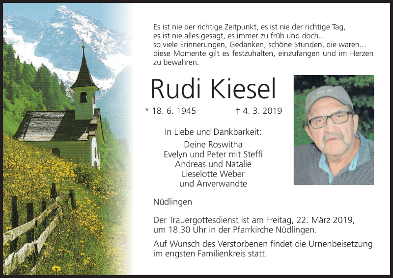  Traueranzeige für Rudi Kiesel vom 16.03.2019 aus MGO