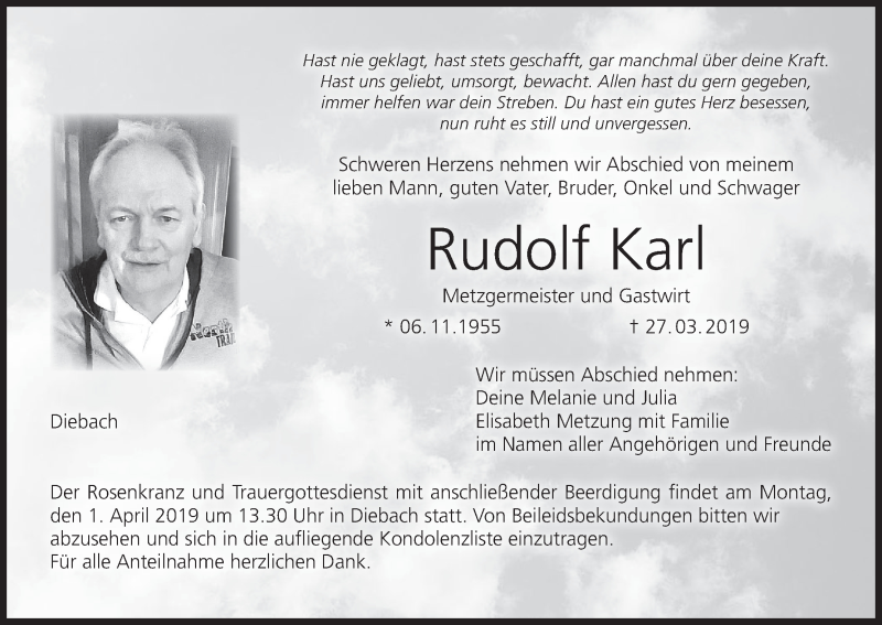  Traueranzeige für Rudolf Karl vom 29.03.2019 aus MGO