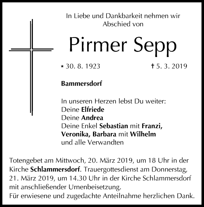  Traueranzeige für Sepp Pirmer vom 16.03.2019 aus MGO