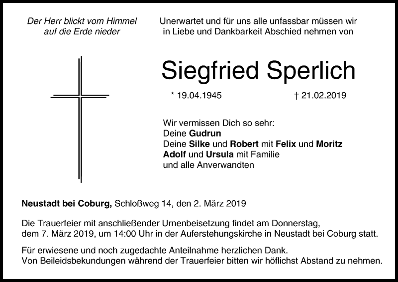  Traueranzeige für Siegfried Sperlich vom 02.03.2019 aus MGO