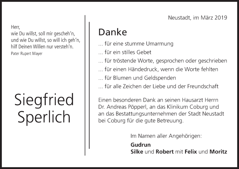  Traueranzeige für Siegfried Sperlich vom 23.03.2019 aus MGO