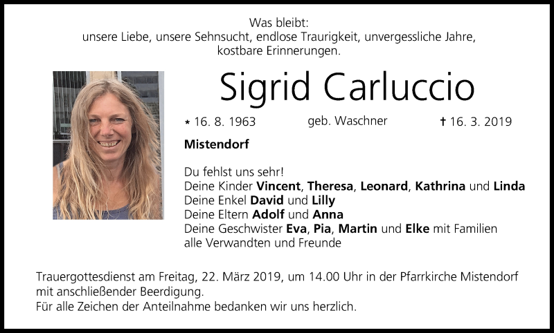  Traueranzeige für Sigrid Carluccio vom 20.03.2019 aus MGO