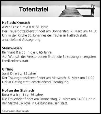 Anzeige von Totentafel vom 06.03.2019 von MGO