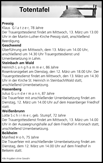 Anzeige von Totentafel vom 12.03.2019 von MGO