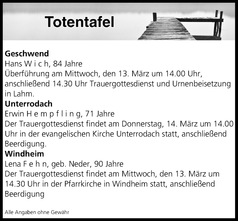  Traueranzeige für Totentafel vom 13.03.2019 vom 13.03.2019 aus MGO