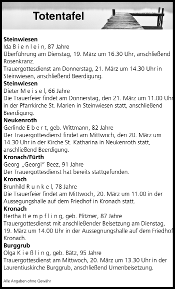 Anzeige von Totentafel vom 19.03.2019 von MGO