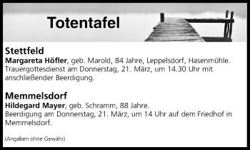 Anzeige von Totentafel vom 20.03.2019 von MGO