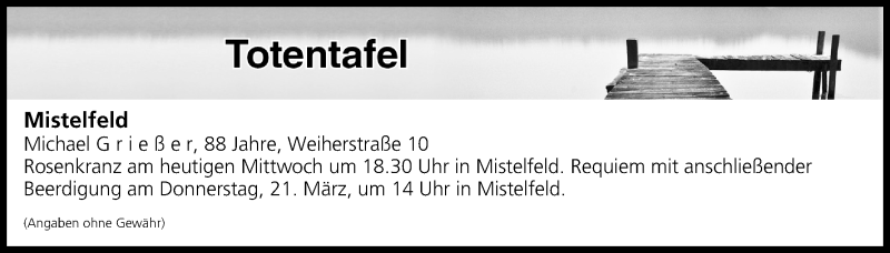  Traueranzeige für Totentafel vom 20.03.2019 vom 20.03.2019 aus MGO