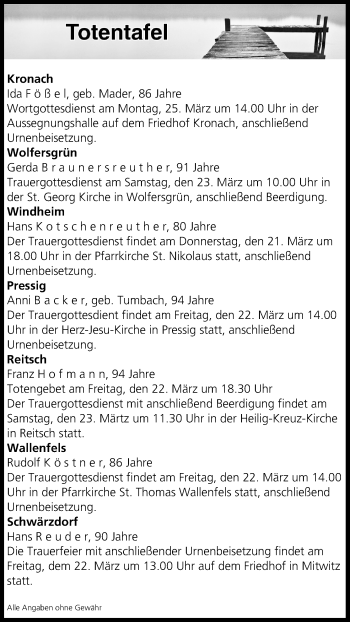 Anzeige von Totentafel vom 22.03.2019 von MGO