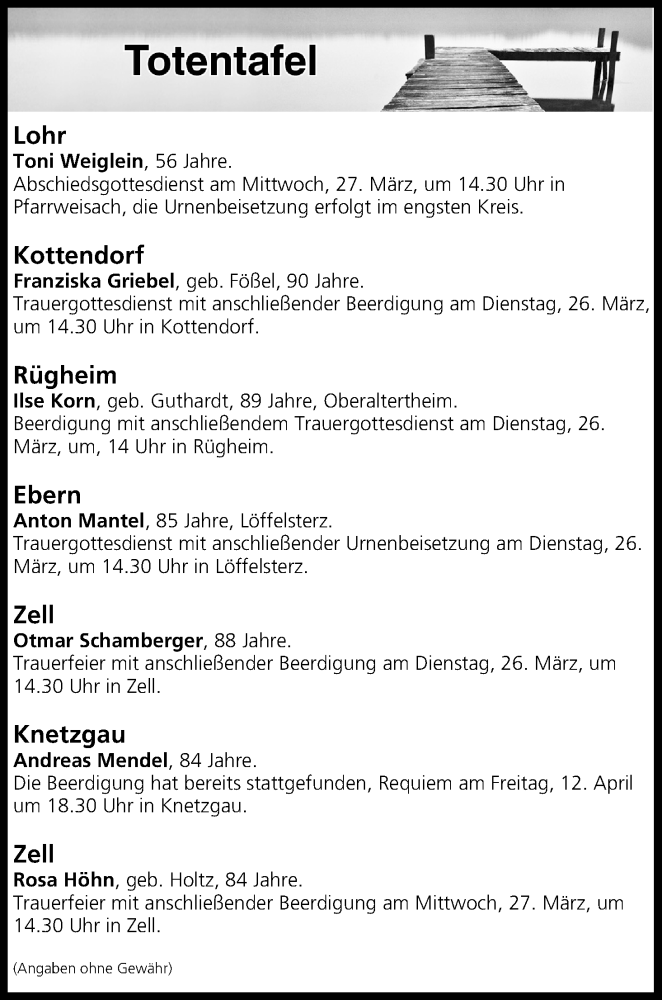  Traueranzeige für Totentafel vom 26.03.2019 vom 26.03.2019 aus MGO