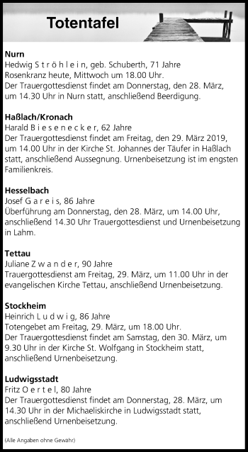 Anzeige von Totentafel vom 27.03.2019 von MGO