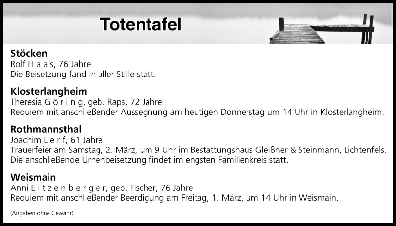  Traueranzeige für Totentafel vom 28.02.2019 vom 28.02.2019 aus MGO