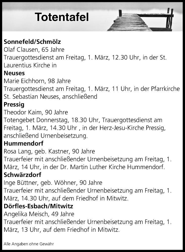  Traueranzeige für Totentafel vom 28.02.2019 vom 28.02.2019 aus MGO
