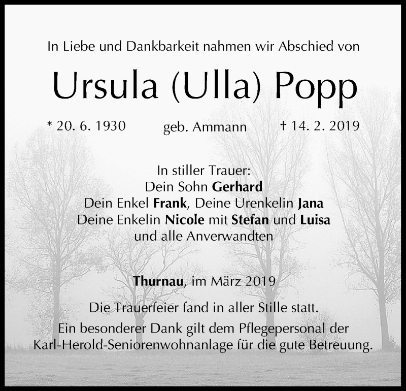  Traueranzeige für Ursula Popp vom 04.03.2019 aus MGO