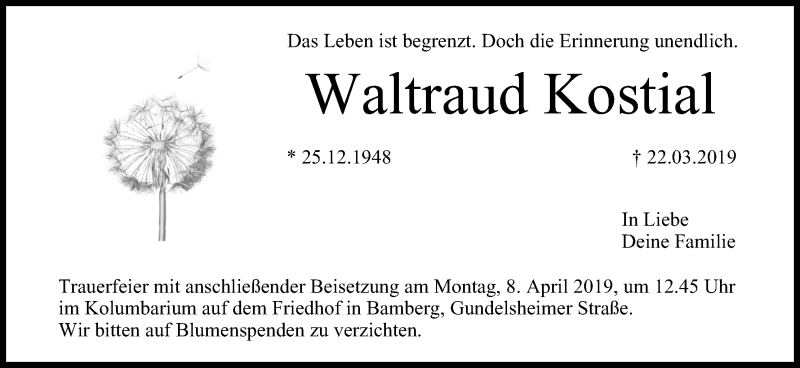  Traueranzeige für Waltraud Kostial vom 30.03.2019 aus MGO