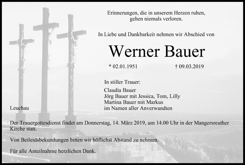  Traueranzeige für Werner Bauer vom 12.03.2019 aus MGO