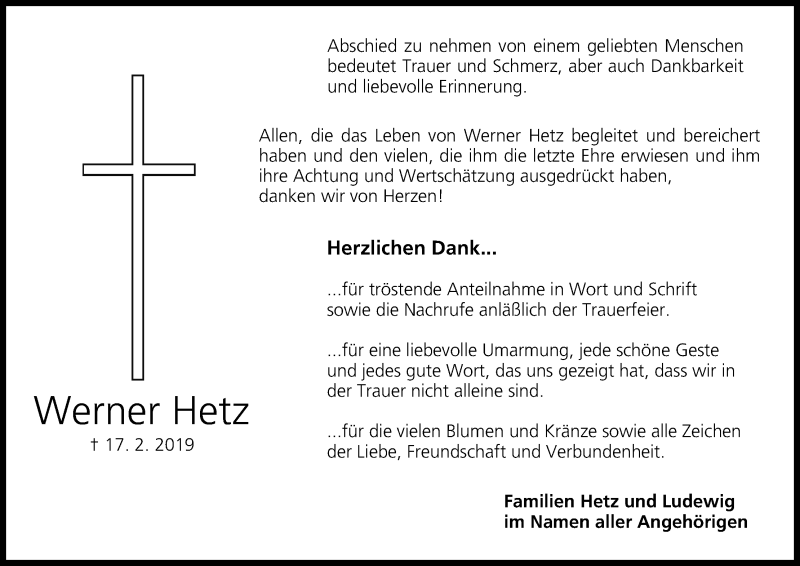  Traueranzeige für Werner Hetz vom 02.03.2019 aus MGO