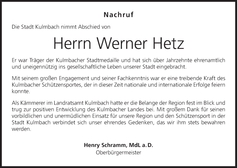  Traueranzeige für Werner Hetz vom 02.03.2019 aus MGO