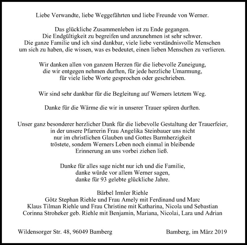  Traueranzeige für Werner Riehle vom 23.03.2019 aus MGO