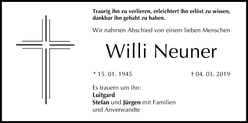  Traueranzeige für Willi Neuner vom 16.03.2019 aus MGO