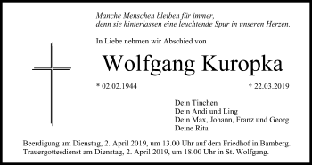Anzeige von Wolfgang Kuropka von MGO