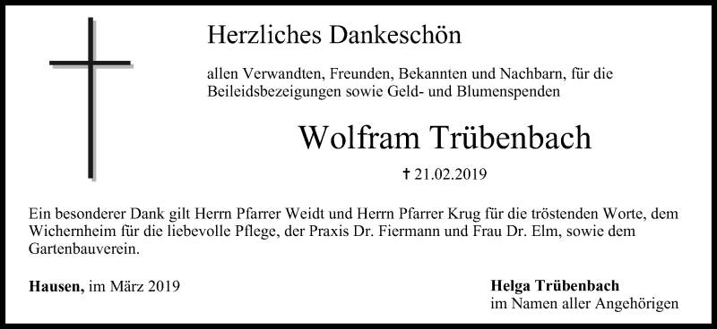  Traueranzeige für Wolfram Trübenbach vom 16.03.2019 aus MGO