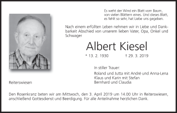 Anzeige von Albert Kiesel von MGO