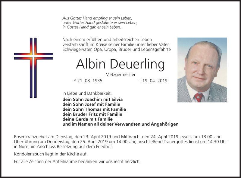  Traueranzeige für Albin Deuerling vom 23.04.2019 aus MGO
