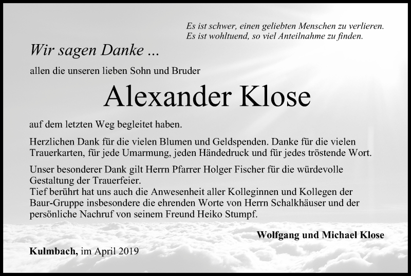  Traueranzeige für Alexander Klose vom 20.04.2019 aus MGO