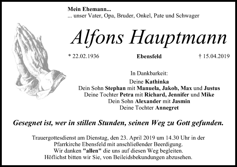  Traueranzeige für Alfons Hauptmann vom 20.04.2019 aus MGO