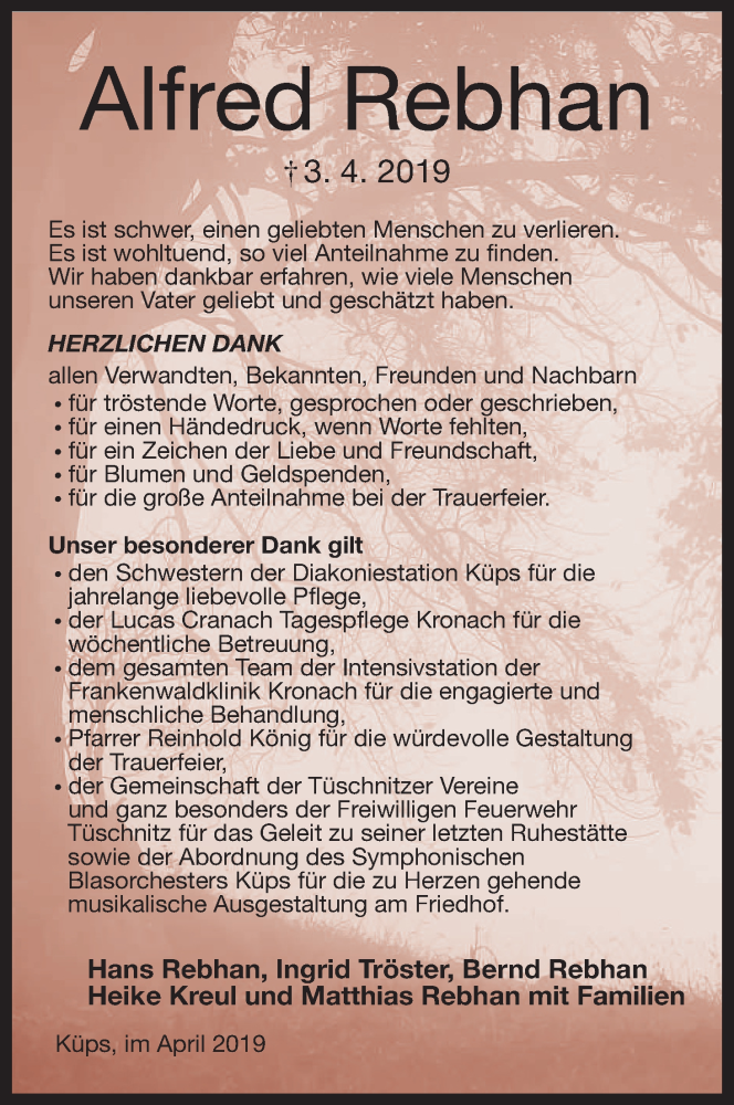  Traueranzeige für Alfred Rebhan vom 13.04.2019 aus MGO