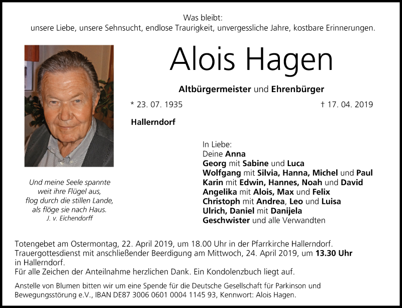  Traueranzeige für Alois Hagen vom 20.04.2019 aus MGO