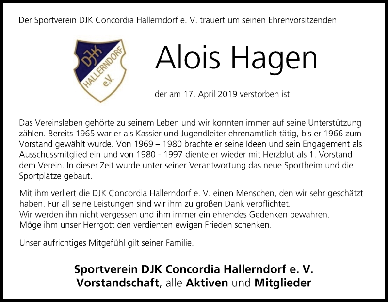  Traueranzeige für Alois Hagen vom 20.04.2019 aus MGO