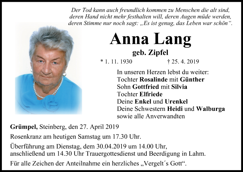  Traueranzeige für Anna Lang vom 27.04.2019 aus MGO