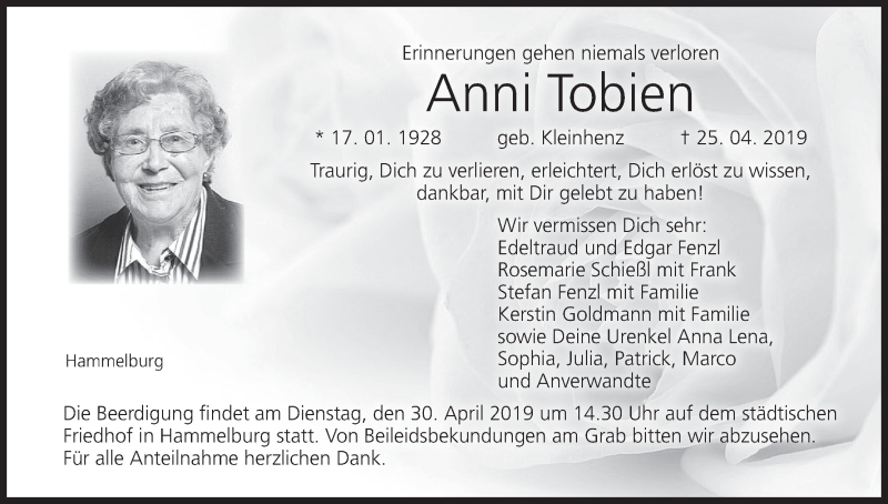  Traueranzeige für Anni Tobien vom 27.04.2019 aus MGO