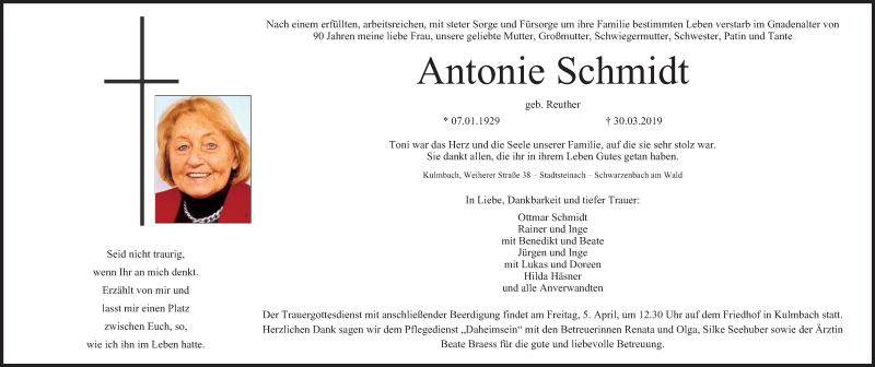  Traueranzeige für Antonie Schmidt vom 03.04.2019 aus MGO