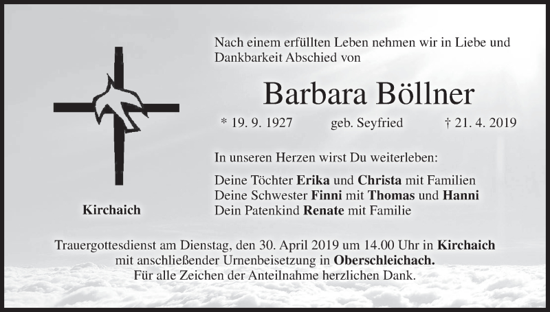  Traueranzeige für Barbara Böllner vom 27.04.2019 aus MGO