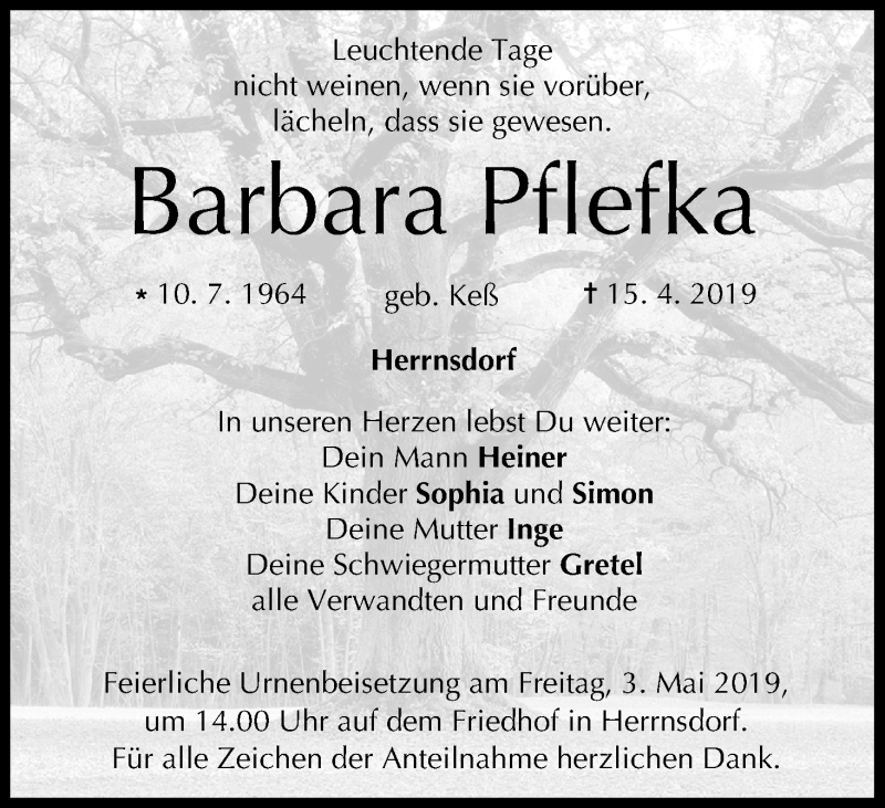  Traueranzeige für Barbara Pflefka vom 27.04.2019 aus MGO