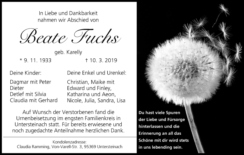  Traueranzeige für Beate Fuchs vom 06.04.2019 aus MGO