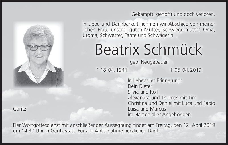  Traueranzeige für Beatrix Schmück vom 09.04.2019 aus MGO