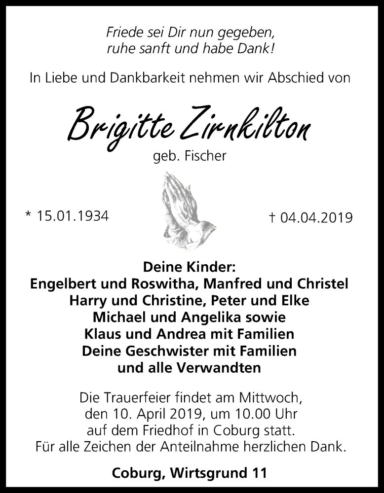  Traueranzeige für Brigitte Zirnkilton vom 06.04.2019 aus MGO