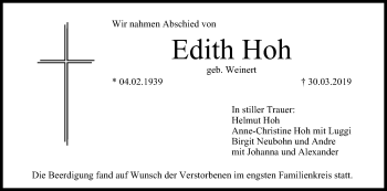 Anzeige von Edith Hoh von MGO