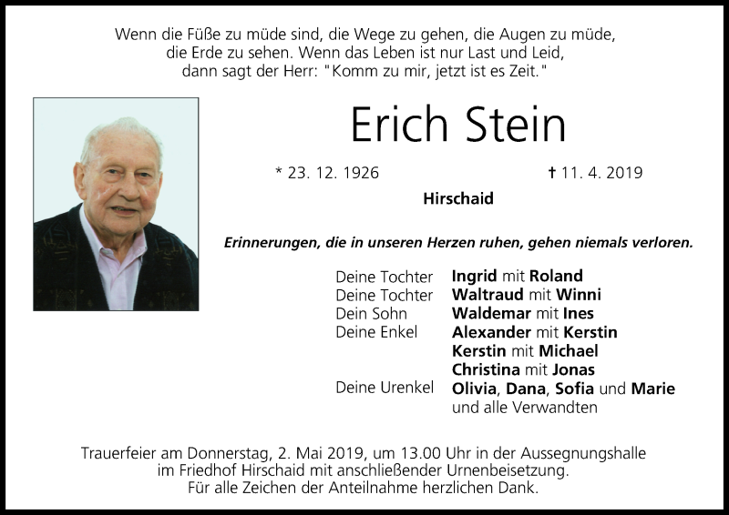  Traueranzeige für Erich Stein vom 27.04.2019 aus MGO