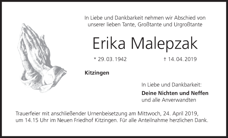  Traueranzeige für Erika Malepzak vom 20.04.2019 aus MGO