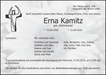 Anzeige von Erna Kamitz von MGO