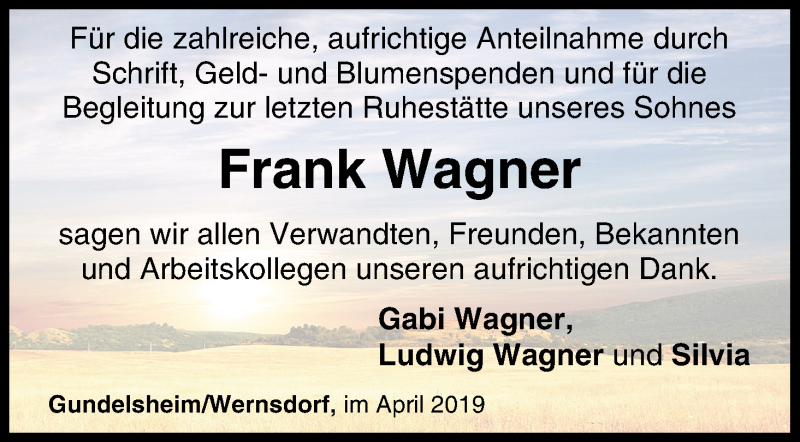  Traueranzeige für Frank Wagner vom 06.04.2019 aus MGO
