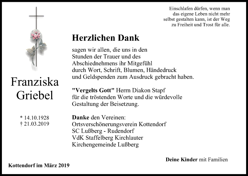  Traueranzeige für Franziska Griebel vom 06.04.2019 aus MGO