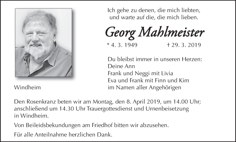  Traueranzeige für Georg Mahlmeister vom 04.04.2019 aus MGO
