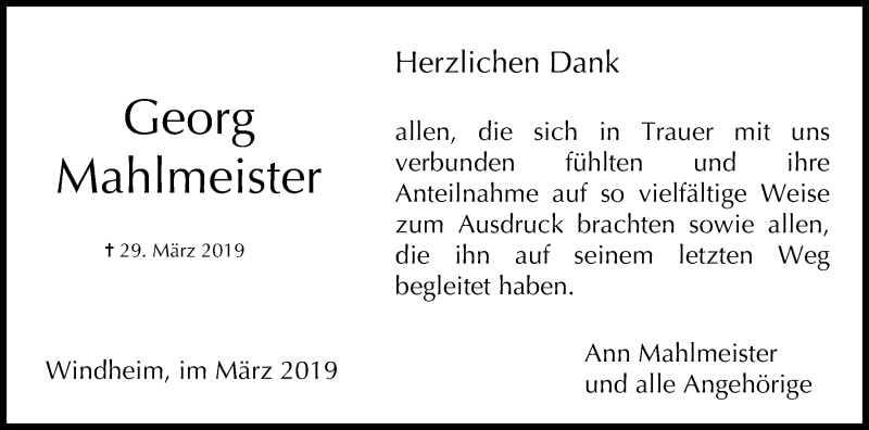  Traueranzeige für Georg Mahlmeister vom 27.04.2019 aus MGO