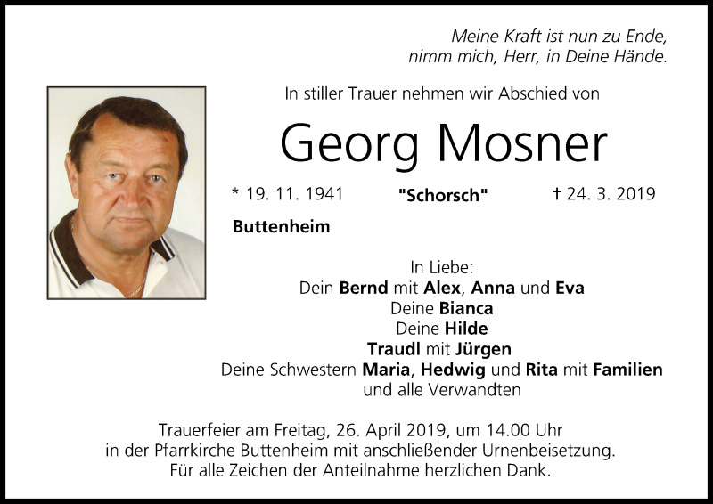  Traueranzeige für Georg Mosner vom 20.04.2019 aus MGO